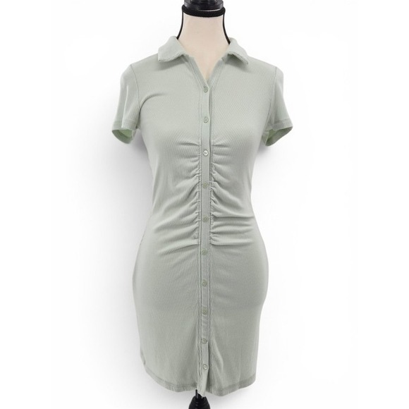 Abercrombie & Fitch Dresses & Skirts - Abercrombie Sage Green Bodycon Ruched Polo Mini Dress S Stretch Button Front Y2k